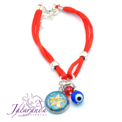 Pulsera doble de seda rojo medalla Tetragrammaton azúl con ojito Protector y Rojo Mágico