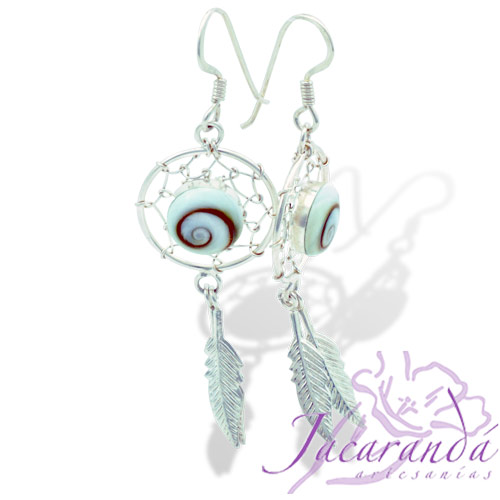Pendiente de Plata 925 diseño Atrapa-Sueños con perla de Ojo de Shiva